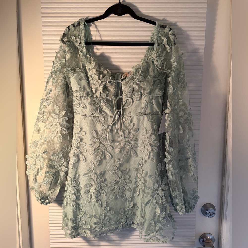 Love Triangle puff sleeve skater dress in green leaf lace